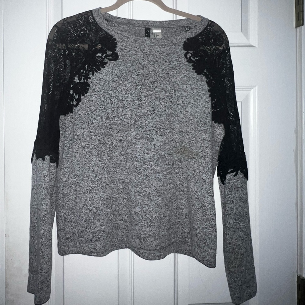 Gray sweater with black lace detail